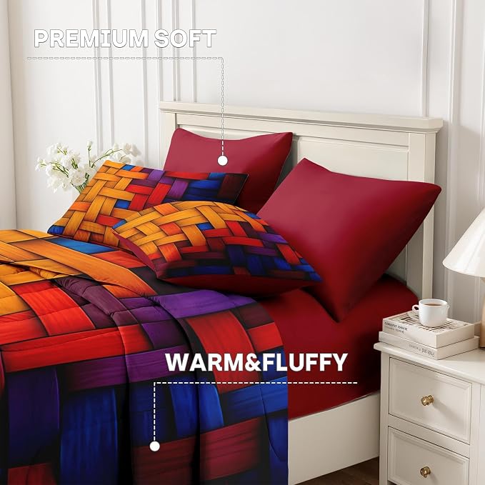 Nesker 7 Pcs Comforter Set King Size, Colorful Geometric Bedding Set for Kids and Adults, Abstract Minimalist Bed Sheet Sets with Fitted Sheet 2 Pillowcases & 2 Shams