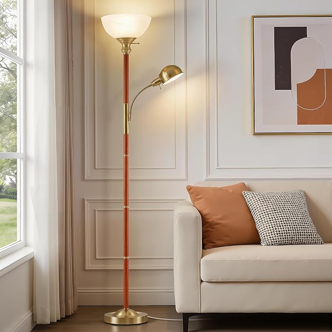 EJIAXIN Wood Floor Lamp for Living Room - Gold Torchiere Floor Lamps for Bedroom Standing Lamp with Glass Shade - Mid Century Modern Corner Tall Lamps for Home Office Nursery Reading Light,2 Head