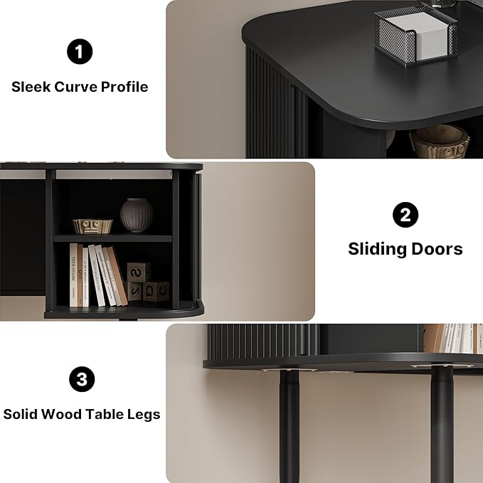 MAISONARIA 55" Modern Writing Desk with Storage, Wood Home Office Desk with Sliding Doors, Computer Desk for Home Office, Dorm, Living Room, Home Study Table, Black