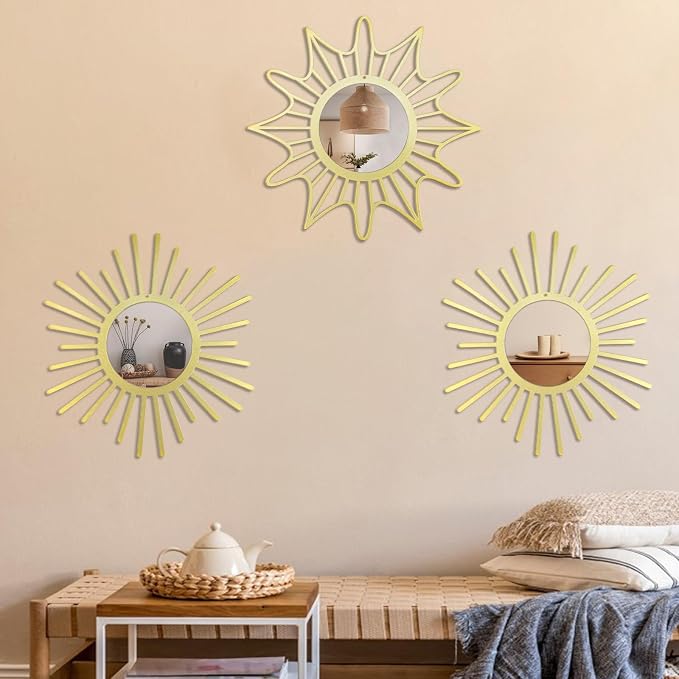 OYEFLY Sunburst Mirrors for Wall Decor 3 Pack Sun Mirror Wall Art Living Room Bedroom Entryway Boho Metal 12 Inch Gold