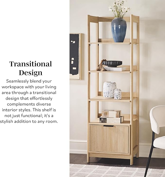 Walker Edison Transitional Reeded Narrow Open Bookshelf with Drawer on Bottom for Home Office, Living Room, Bedroom, 4-Shelf Bookcase with Bottom Storage, 22”W x 16.75”D x 70”H, Coastal Oak