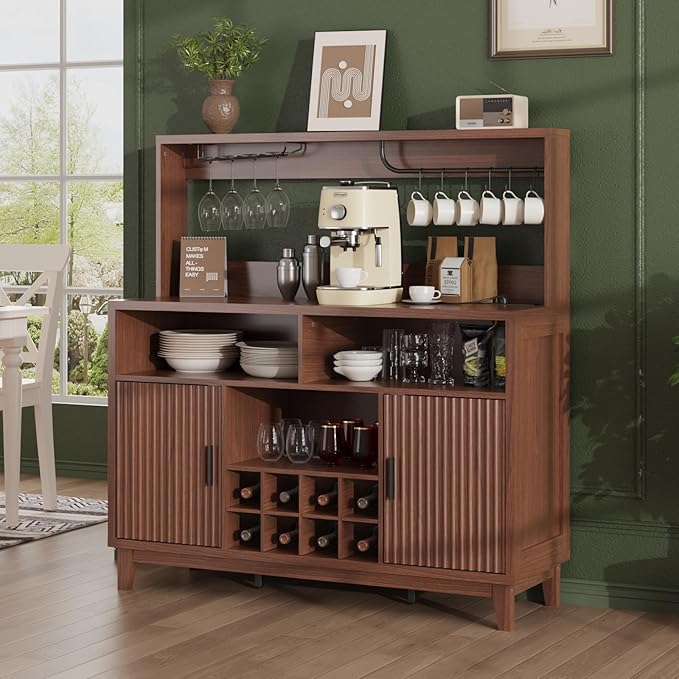 Fluted Buffet Cabinet with Storage, Modern Coffee Bar Cabinet with Outlet, Removable Wine Rack, Multi-Functional Accent Liquor Cabinet for Living Room, Entryway, Kitchen, Walnut