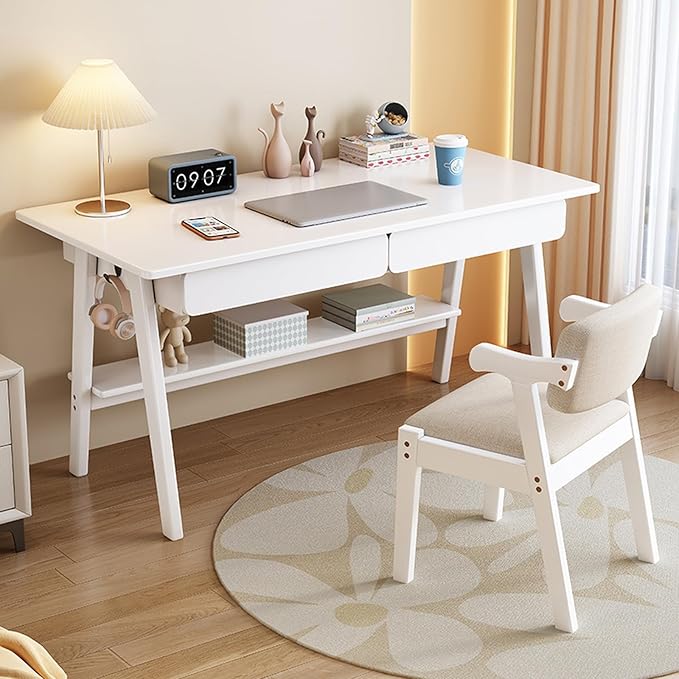 Solid Wood Writing Desk, Mid-Century Modern Desk with 2 Drawers and Storage Shelf, Home Office Computer Desk, Easy Assembly(31inches, White)