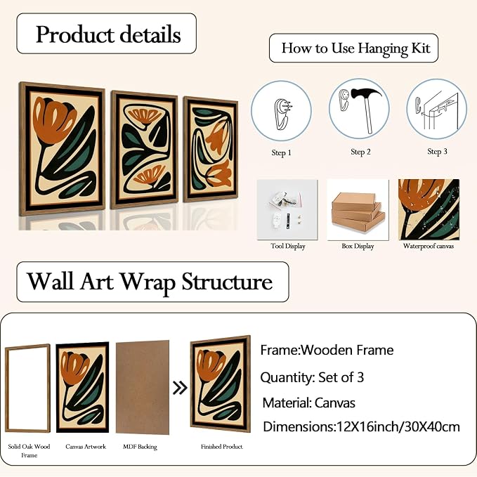 Mid Century Floral Wall Art Set of 3, Modern Abstract Botanical Wall Decor Picture, Vintage Boho Eclectic Plant Canvas Prints Paintings for Bedroom Living Room 12x16 inch Framed