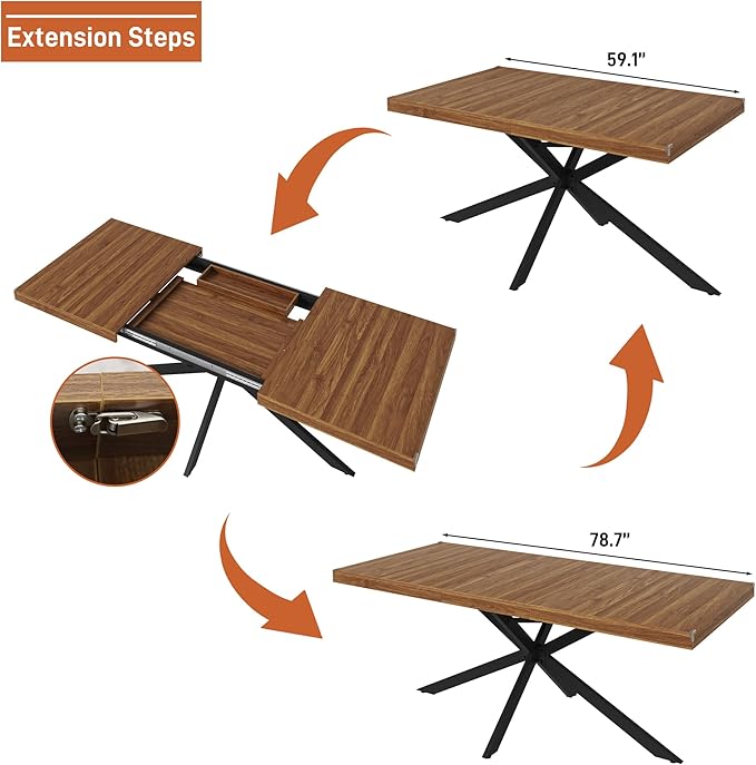 59In-78Inch Extendable Rectangular Dining Table for 6 8 People, Wood Long Dining Room Table W/Removable Leaves,Space Saving,Modern Dinner Table W/Waterproof Tabletop&Metal Legs for Kitchen Living Room