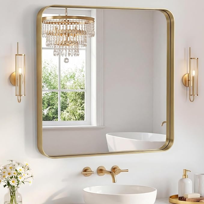 NEWBULIG 36X36 Inch Bathroom Mirror for Over Sink, Wall Vanity Mirrors Tempered Glass, Anti-Rust Metal Framed Rounded Rectangle, Hangs Horizontally or Vertically, Farmhouse Home Decor, Gold
