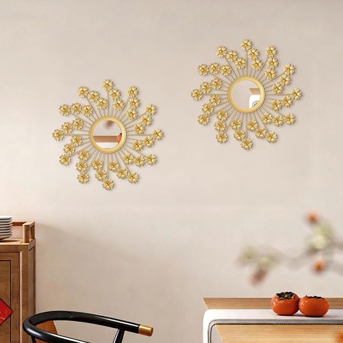 2 Pack Metal Mirrors for Wall Boho Sunburst Wall Mirror Home Decor Modern Decorative Wall Art for Bedroom Living Room Entryway