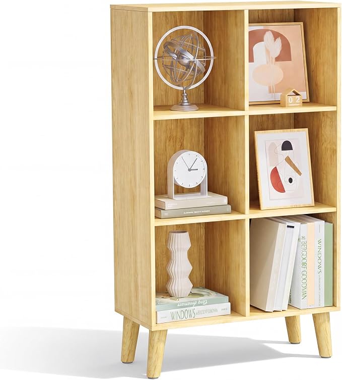 6 Cube Storage Organizer with Legs, 3 Tier Cube Low Bookcase Freestanding Storage Display Organizer for Home Office, Six-Cubes Open Shelf Bookshelf (Natural Oak, 6 Cube Vertical)