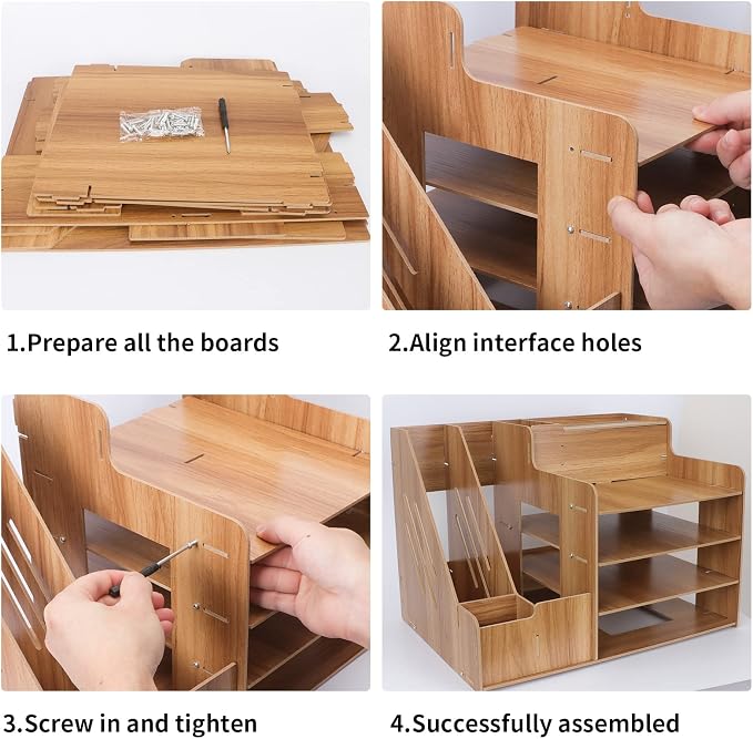 FYY Desk Organizer Wooden Desktop Organizer with 3 Trays - Assembly is Required - Large Desk File Organizer Office Supplies Desk Organizer Tray, Pen Holder and Tissue Box for School Home