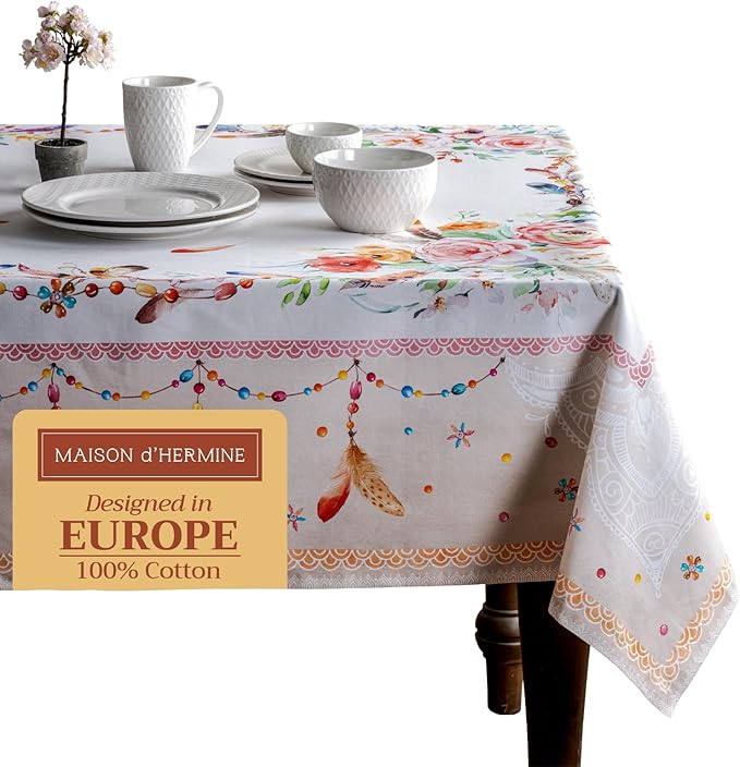 Maison d' Hermine Table Cloth Rectangle Table 100% Cotton 70 x 90 Inches Tablecloth Reusable Decorative for Dining Room Farmhouse Home Valentines Day Decorations Spring Summer - Ibiza - Beige