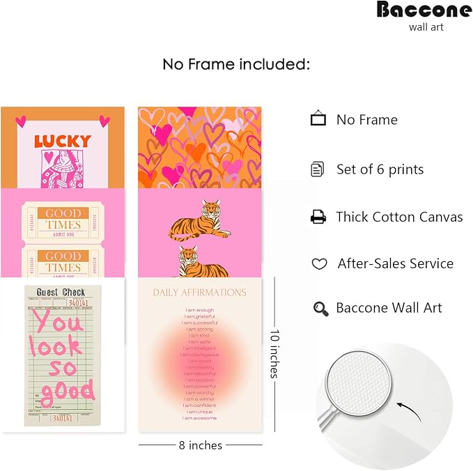 Preppy Wall Art Pink Orange Wall Decor Trendy Canvas Wall Art Aesthetic Pictures Girl Posters Inspirational Daily Affirmation Prints Lucky You Artwork Set of 6 for Dorm Room 8x10 Inch Unframed