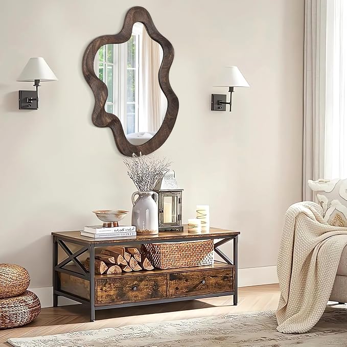Asymmetrical Wavy Mirror for Wall Decor - Large Cute and Stylish Unique Wooden Framed Artistic Cloud Mirror, 21.6"x15" - Decorative for Living Room, Bedroom, Bathroom, Entryway