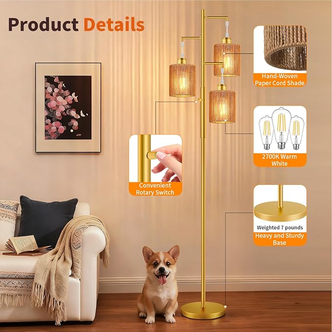 Hotsonic 72" Tall Boho Rattan Style Floor Lamp with Hand-Woven Paper Cord Shade, Dimmable Industrial Tree Standing Lamp for Living Room, Bedroom, Study Room, Office (3 x 800LM Bulbs Included) - Gold