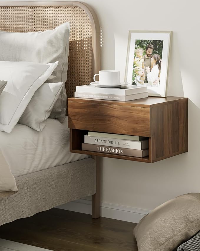 Floating Nightstand, Small Modern Floating Nightstand with Drawer, Floating Shelves for Bedroom, Bathroom (Brown Walnut)