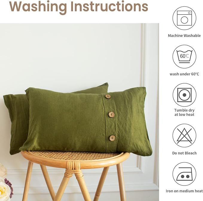 Simple&Opulence 100% Linen Lumbar Pillow Cover 12 x 20 Inch Set of 2 Rectangular Decorative Pillow Cover with Vintage Triple Coconut Button for Couch Sofa Bed Living Room Office Décor - Olive Green