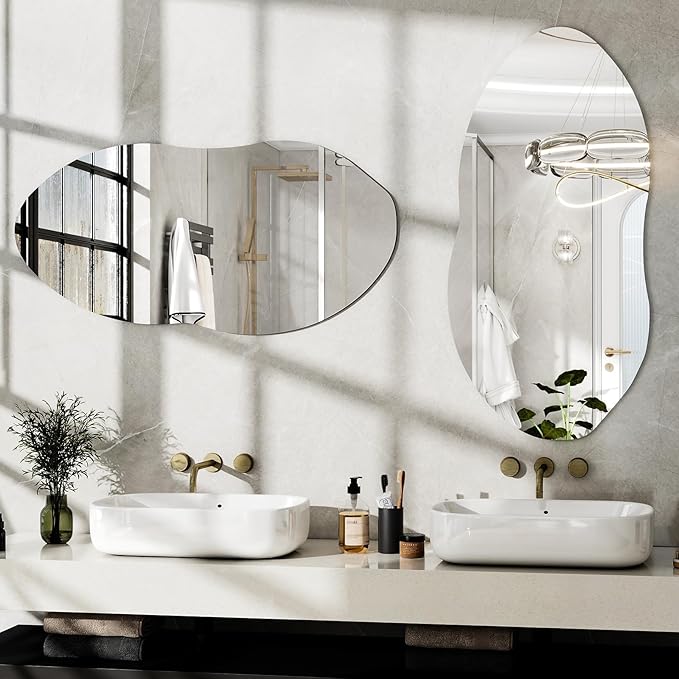 Irregular Wall Mirror, 38 x 22 Inch Asymmetrical Frameless Mirror for Bathroom, Living Room, Bedroom, Modern Abstract Vanity Mirror with Shatter-Proof Glass