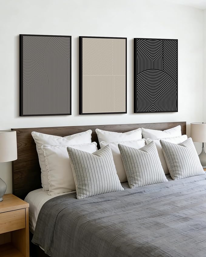 Drsoum Mid-Century Modern Framed Wall Art Large 16x24in Minimalist Abstract Boho Neutral Line Wall Decor Geometric Artwork Kitchen Dining Room Black Framed