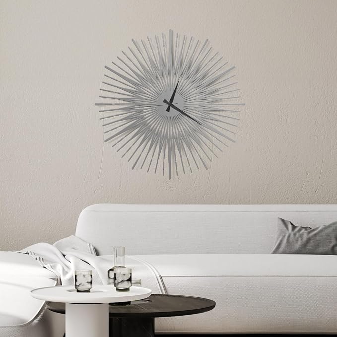 Sun Rays Wall Clock, Large Metal Decorative Wall Clock, Modern Minimalist Wall Decor (Silver, Medium)