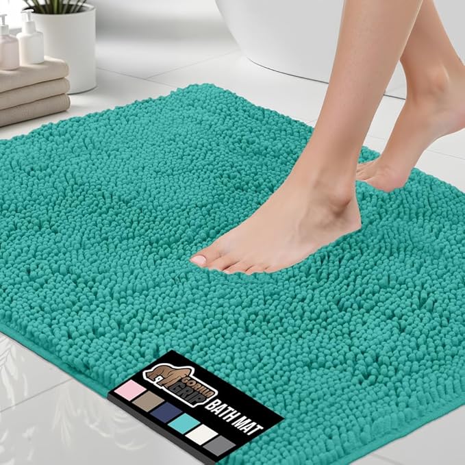 GORILLA GRIP Bath Rug Mat 30x20, Thick Soft Absorbent Chenille, Quick Dry Microfiber Mats, Rubber Backing Washable Shower Floor Rugs, US Designed Bathroom Bathmat Home Decor Accessories, Turquoise
