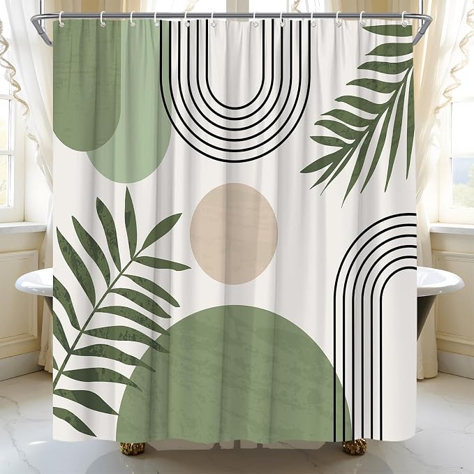Mid Century Modern Shower Curtain Boho Sage Green Abstract Retro Aesthetic Fabric for Bathroom Decor Bathtub with Hooks (70" WX78 H)