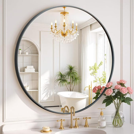 Round Wall Mirror 24 Inch Black Vanity Mirror with Metal Frame, Modern Circle for Bathroom, Entryway, Bedroom, Living Room, Wall Mounted Decorative Mirrors