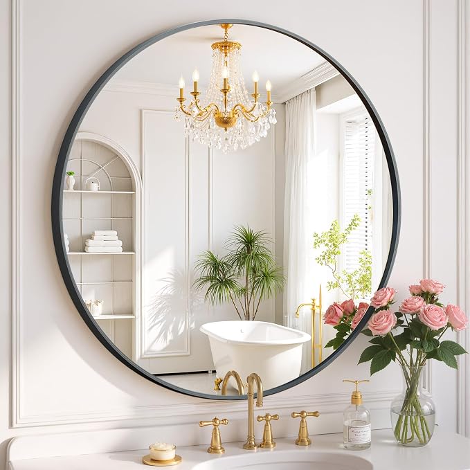 Round Wall Mirror 30 Inch Black Vanity Mirror with Metal Frame, Modern Circle for Bathroom, Entryway, Bedroom, Living Room, Wall Mounted Decorative Mirrors