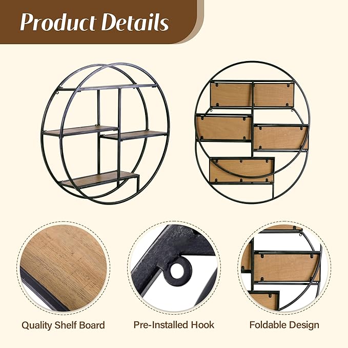 Industrial Style Round Wall Shelves, 3 Tier Decorative Floating Ledge Shelves, Wall Mounted Metal Bracket Wooden Display Hanging Shelf