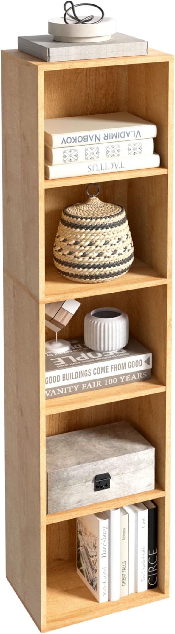 5-Tier Wooden Cube Storage Organizer, 52 Inch Tall Bookcase & Display Shelf with 5 Open Cubes, Freestanding DIY Closet Shelving Unit for Living Room Bedroom Office (Oak, 5 Cube-W(11.8inch)
