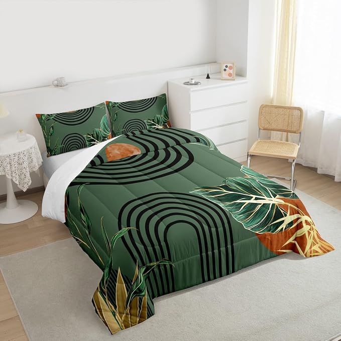 Erosebridal Mid Century Green Toddler Comforter Set Boho Minimalist Aesthetic Bedding Set Modern Plant Botanical Palm Leaf Comforter for Kids Boys Girls Abstract Retro Geometric Neutral Quilt Duvet