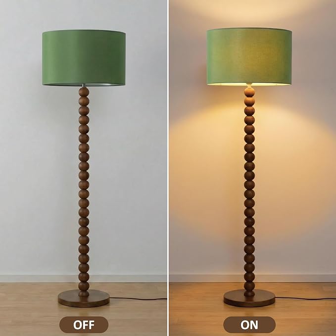 Buruis 61" Beaded Wood Floor Lamp with 17.2" Large Linen Shade, Retro Mid-Century Accent Walnut Finish Standing Lamp for Living Room, Bedroom, Office, Corner, UL Listed, Bulb Not Included, Green
