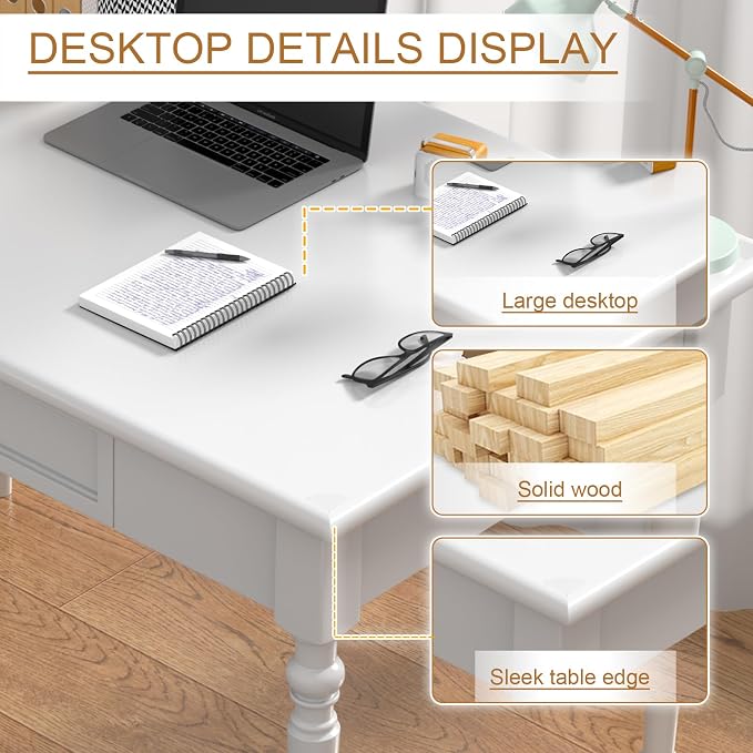 Solid Wood French Country Desk,Writing Desk with Storage Drawers,Farmhouse Computer Table Makeup Table Modern Simple Style,for Home Office Living Room Study Workspace Bedroom (White, 31.5IN)