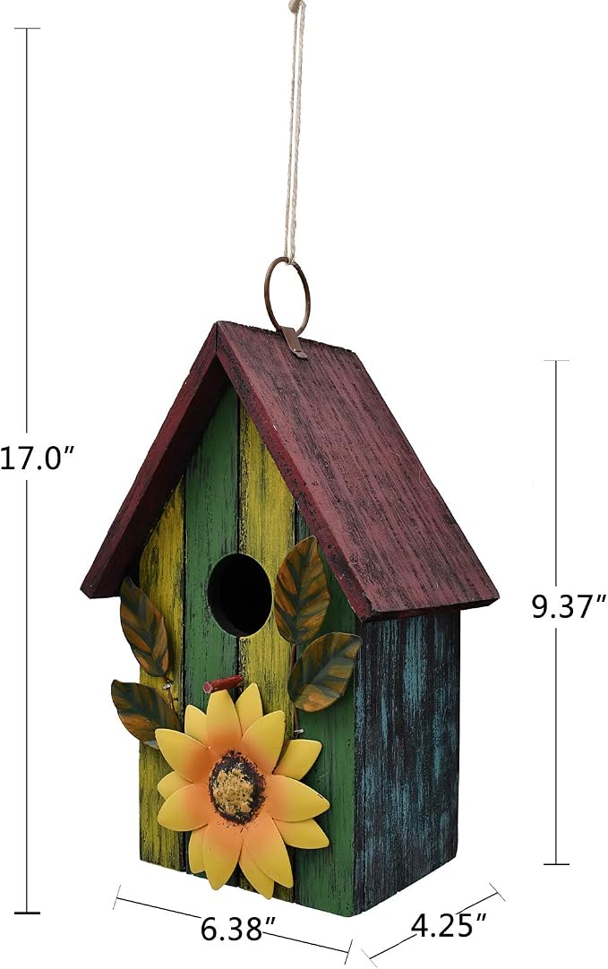 Rustic Decorative Bird House for Outside, Outdoor Hanging Wood Hand-Painted Bird House with Sunflower Decor, Wooden Hanging Garden Birdhouse Porch Yard Decor 9.37"X6.38"X4.25" (Red & Blue)