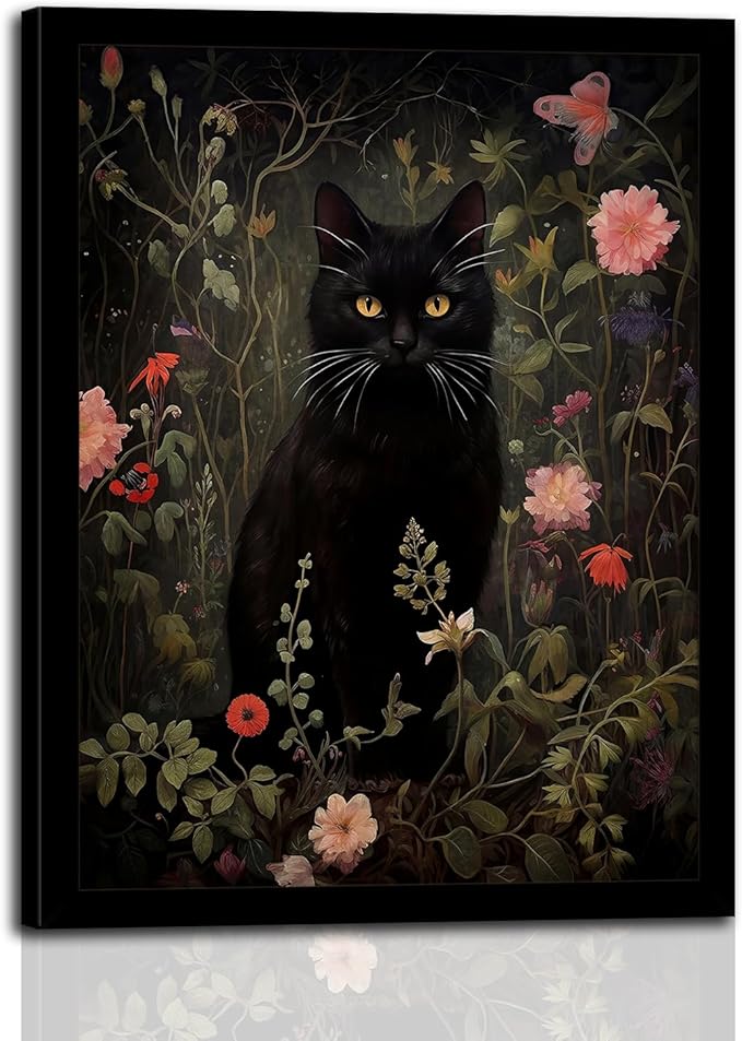 Black Cat Wall Art with Wooden Frame – Vintage Floral Cat Painting, Gothic Dark Academia Framed Picture, Antique Moody Cottagecore Wall Decor Print 12×16 Inch
