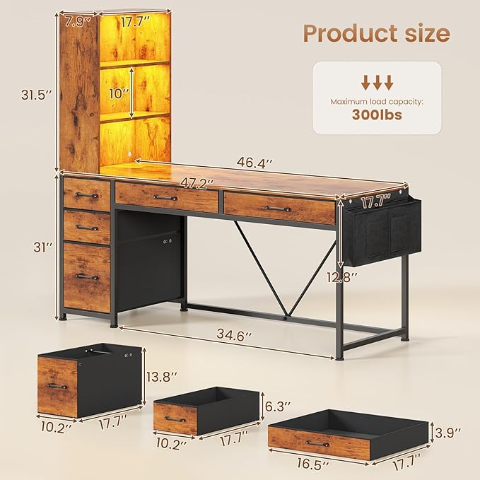 SEDETA Computer Desk with 5 Drawers and Bookshelf, Reversible Home Office Desk with Storage Shelves and File Drawer, Gaming Corner Desk with LED Lights for Small Spaces, Rustic Brown