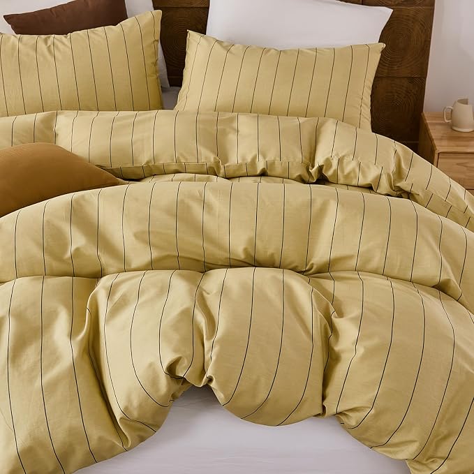 Merryword Yellow Striped Duvet Cover Set King Size, Natural Cotton Bedding Set with Zipper Closure & 8 Corner Ties, Soft Breathable Luxury Linen Like Bedding for All Seasons