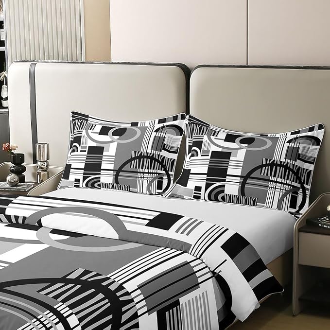 Erosebridal Art Deco Mid Century Duvet Cover Set Retro Modern Abstract Geometric 100% Cotton Comforter Cover Black and White Grey Circles Stripes King Bedding Set, Contemporary Bed Sets