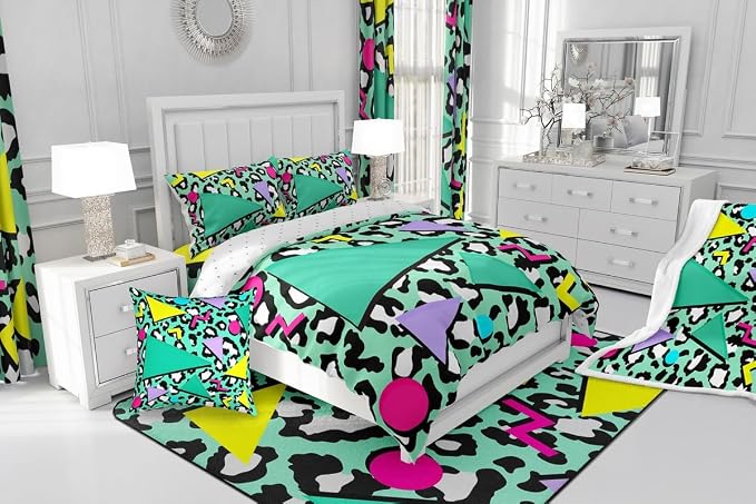 Retro 80s 90s Bedding Set Twin,Abstract Geometric Duvet Cover Urban Modern Circles And Triangle Comforter Cover Colorful Pop Art Inspired Pattern Quilt Cover Mens Hipster Hip-Hop Room Decor