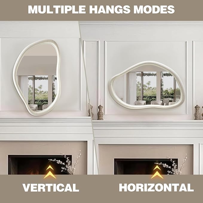 Irregular Wall Mirror Asymmetrical Mirror, 35"x24" Flannel Wrapped Wood Vanity Mirror, Decorative Wave Mirrors for Living Room Bathroom Entryway, Horizontal/Vertical, Ivory