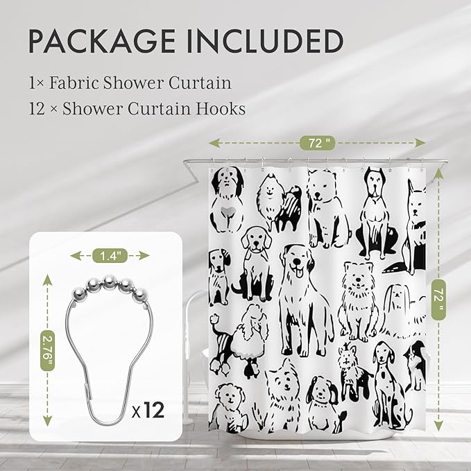 AmazerBath Shower Curtain, Washable Cloth Cute Dogs Kids White and Black Shower Curtain Set with 12 Shower Curtain Hooks, Kawaii Pet Puppy Waterproof Shower Curtains for Bathroom Decor, 72x72 Inches