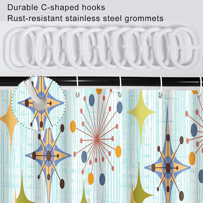 Mid Century Shower Curtain, 48x72inch, Modern Abstract Retro Blue Striped Geometric Shower Curtain Sets 1950s Boho Bathroom Shower Curtain with 8 Hooks
