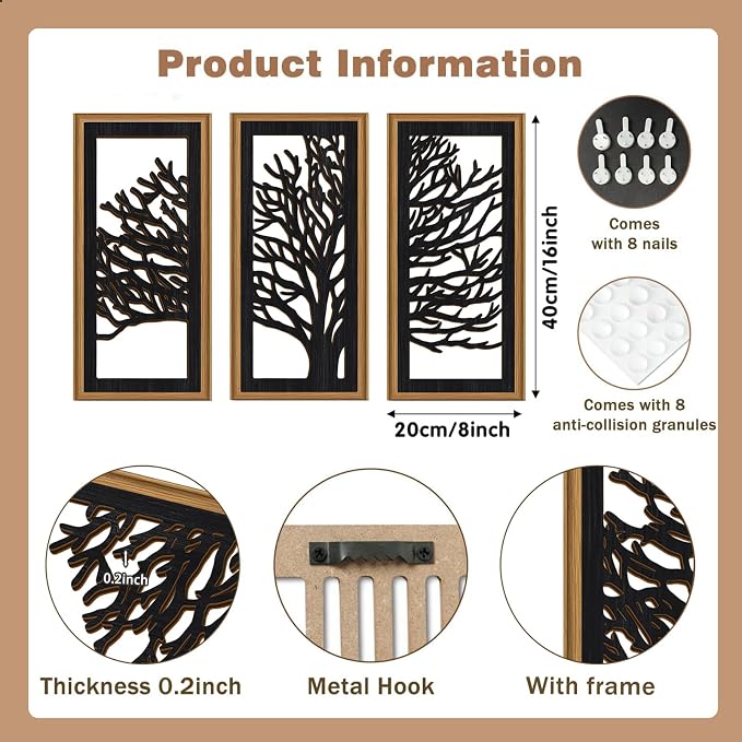 Celestdeco 3 Pcs Black Tree Wall Decor Boho Modern Nature Artwork Tree of Life Wood Wall Art Branch Silhouette Laser Art Decor for Living Room Bedroom Office 7.9 x15.8 Inch