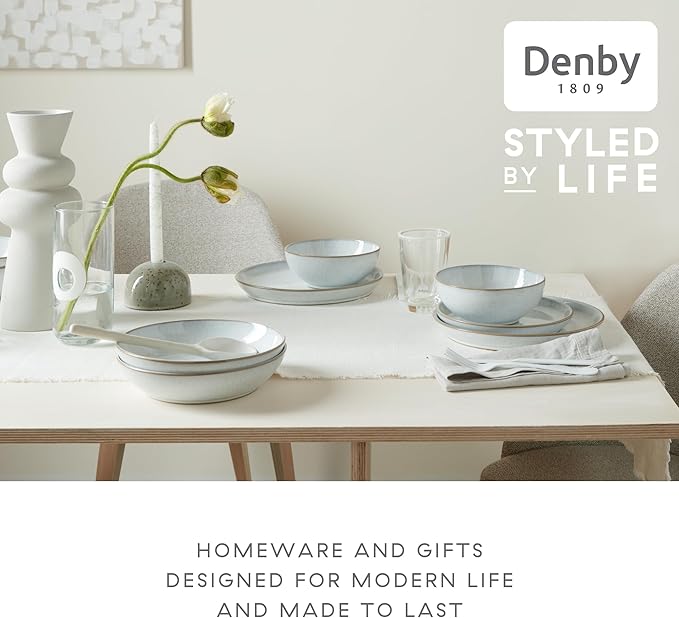 Denby - White Speckle Dinner Set For 4-12 Piece Ceramic Stoneware Tableware Set - Dishwasher Microwave Oven Safe - Scratch Chip Resistant