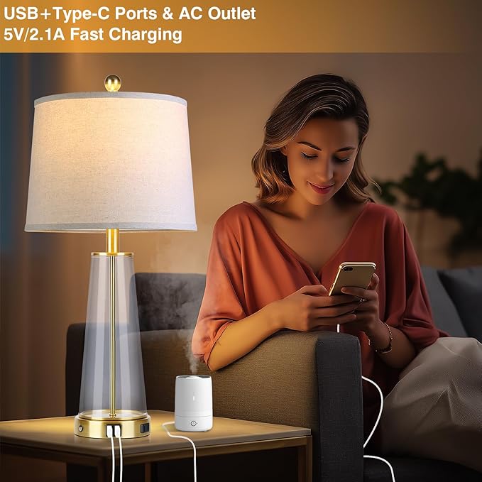 26" Glass Table Lamp Set of 2 with USB C+A Ports and AC Outlet, 3 Way Touch Modern Bedside Lamps for Night Stands, Gold Nightstand Lamps for Bedroom Living Room