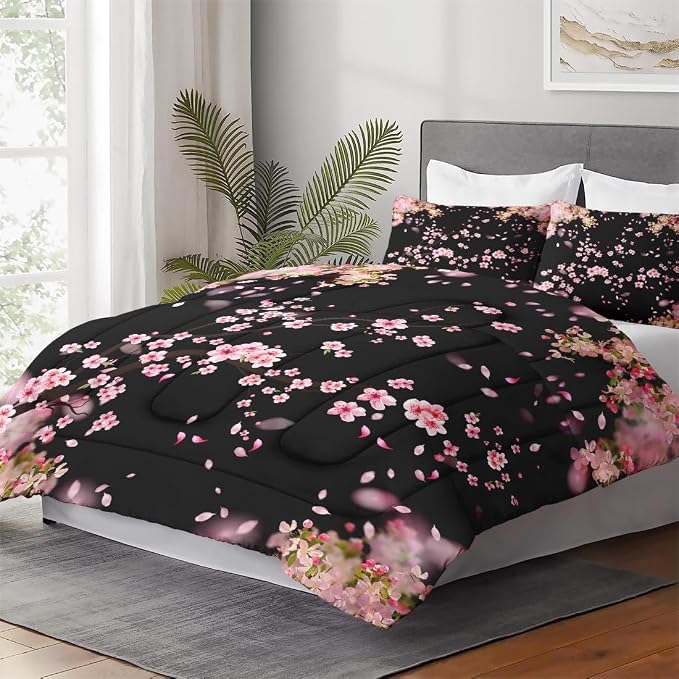 WeCozy Full Size Comforter Set with 2 Pillowcases, Japanese Botanical Cherry Blossoms Tree Flower Soft 3 Pcs Bedding for Kids and Adults Bedroom Bed Decor