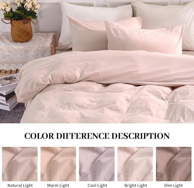 NEXHOME PRO Duvet Cover Set Queen Size Linen Feel Textured Organic Natural 100% Washed Cotton Duvet Cover 3 Pieces Bedding Set with Zipper Closure, Breathable Dusty Pink (No Comforter)
