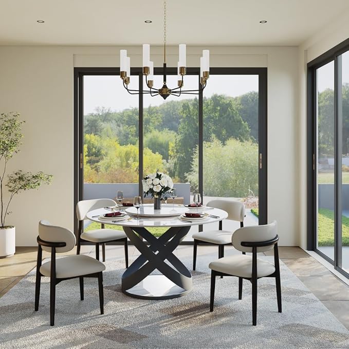 POVISON 51" Modern Dining Table, Glossy White Round Dining Table for 4 Built in Lazy Susan, Sintered Stone Dining Tabletop with Black X Carbon Steel Base (Table Only)