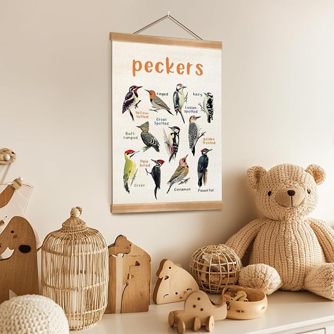 Vintage Birds Wall Art –Wall Hanging Poster with Solid Wood Frame, Linen Canvas Bird Illustration Poster, Birds Wall Decor for Bird lovers,Home, Classroom, and Kids' Room Decor 12x16inch (Peckers)