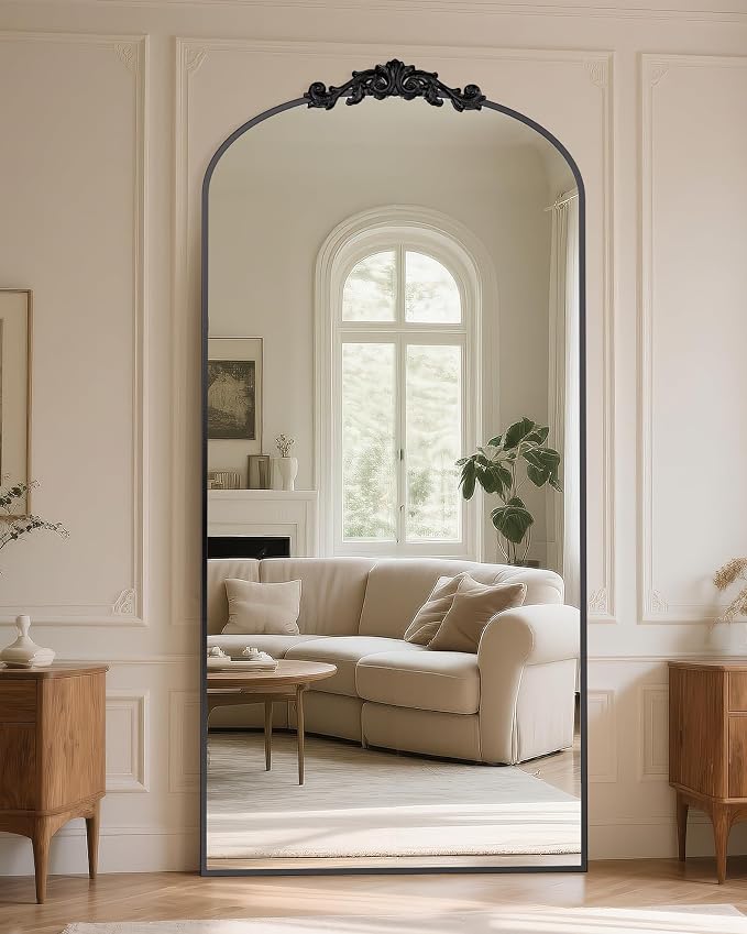 Antok Arched Full Length Mirror, 78"x38" Floor Mirror with Carved, Full Body Mirrors for HomeDecor, Standing/Halling Large Wall Mirror for Bedroom, Living Room, Cloakroom, Black, Retro Style