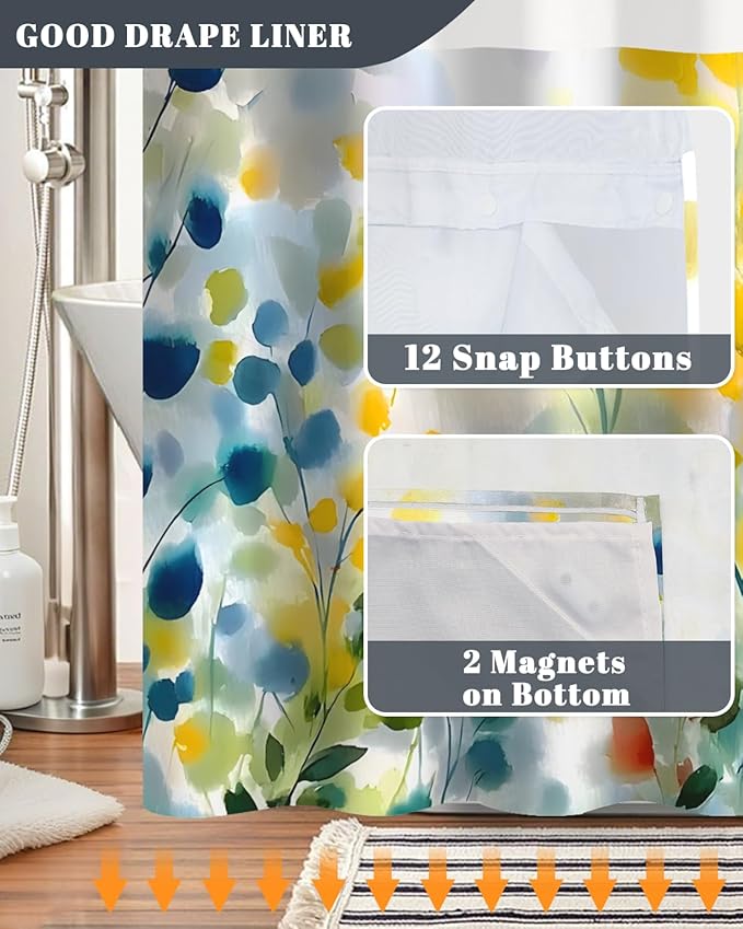 No Hook Shower Curtain with Snap in Liner, Watercolor Floral Wildflower Print Waterproof Bath Tub Curtain for Modern, Cottagecore, Boho Bathroom Decor, See Through Top, 71 x 74 Inch