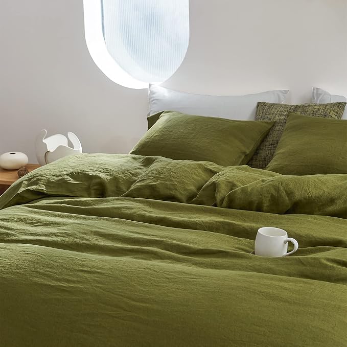 Simple&Opulence 100% Linen Duvet Cover Set 3pcs with Coconut Button Closure Natural French Washed Flax Solid Color Soft Breathable Farmhouse Bedding - Olive Green, King Size
